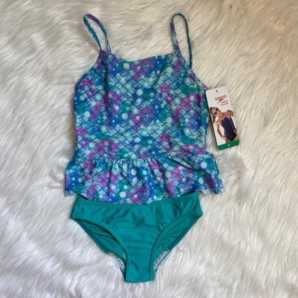 Speedo Kid’s Girls 2pc. Multicolored Blue Green Swimsuit, Size 8